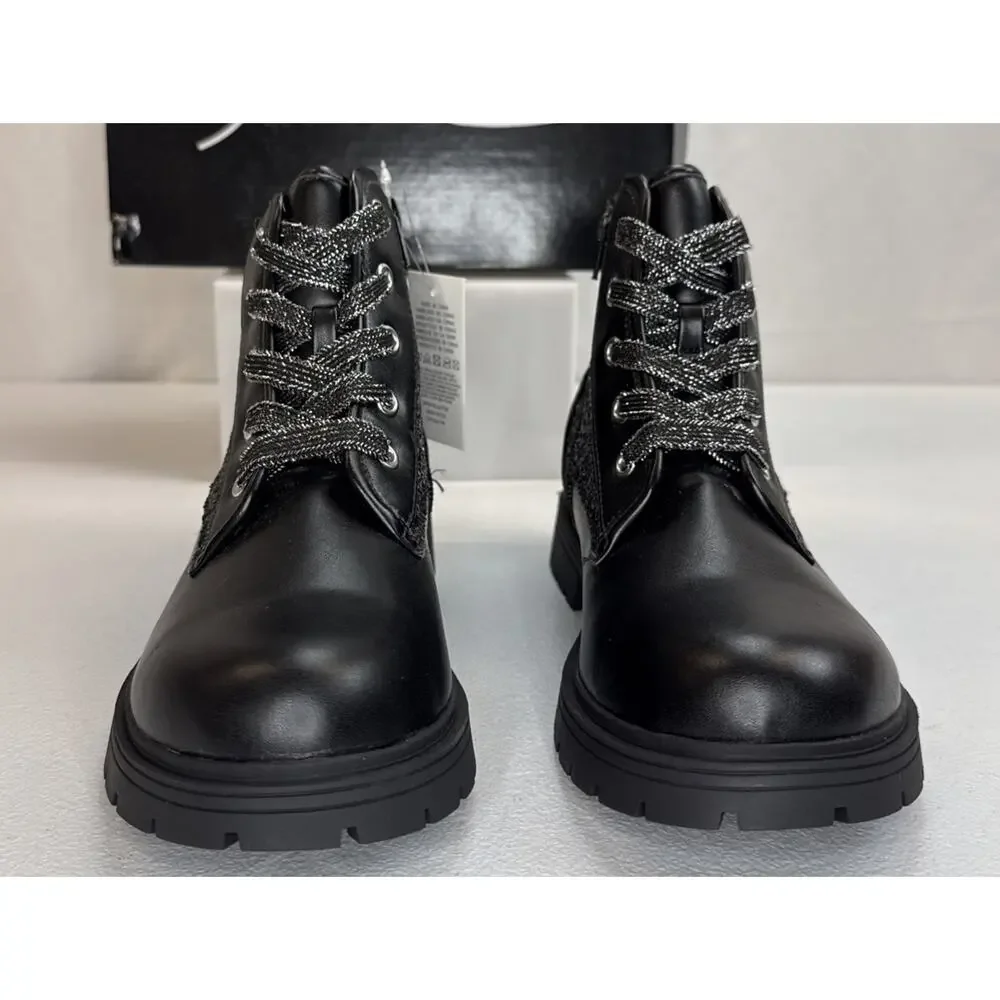 K KomForme Girls Glitter Combat Boots Velvet Lace Ankle Shoes Black Size 4